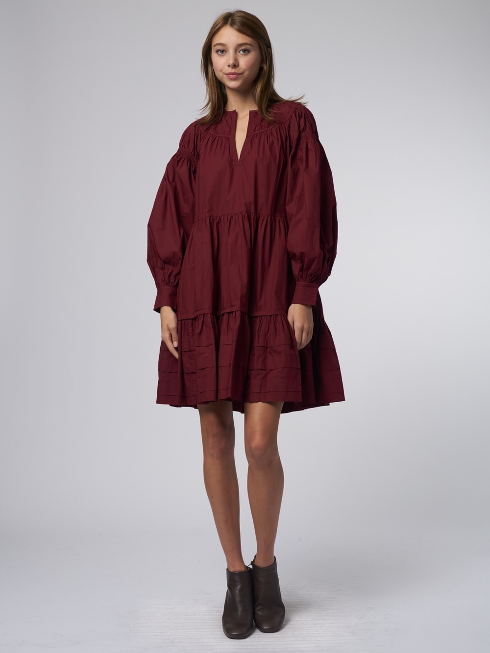 Ulla Johnson Rosa Dress Bordeaux 8 Puff Sleeve Tiered